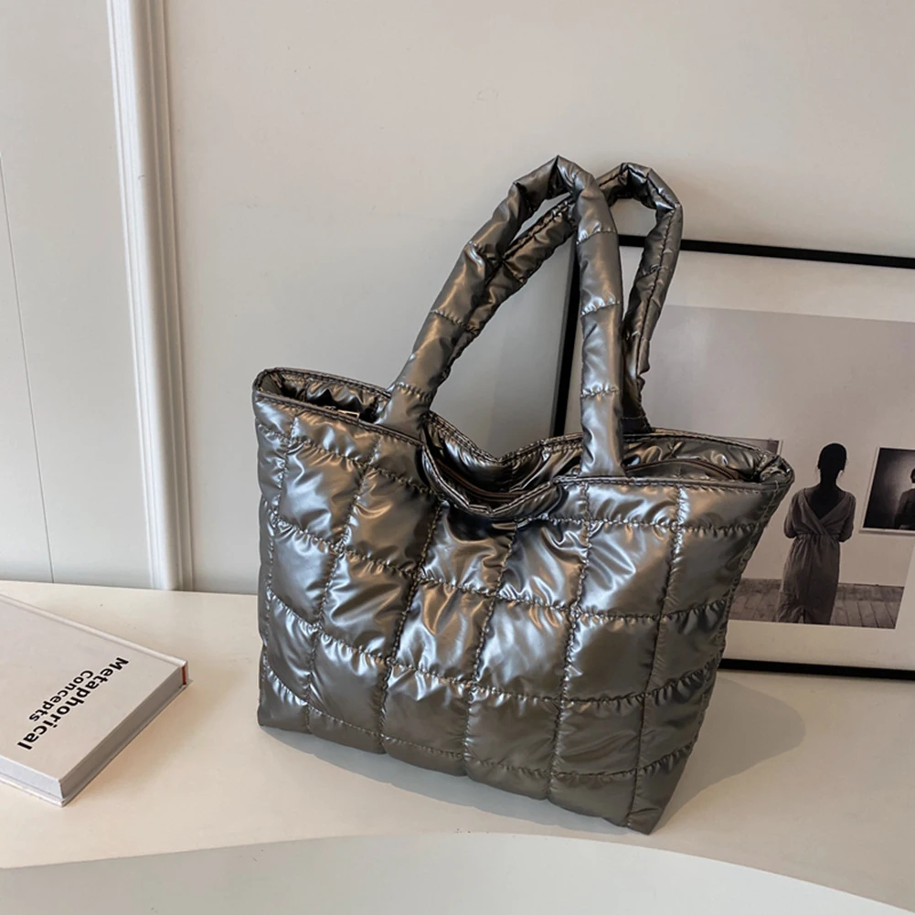 

Quilted Handbags Zipper Closure Women Girls Winter Shoulder Bag Gloss Surface Solid Color Bag Basic Style for Shopping Traveling