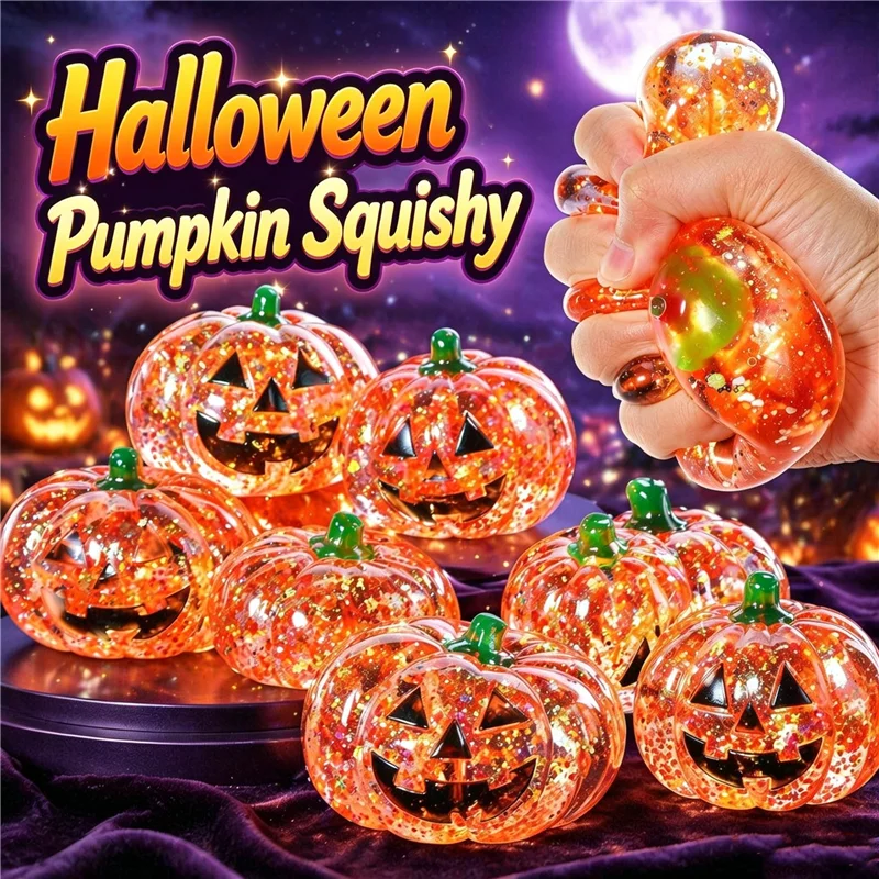 Halloween Squishy Stress Relief Toy Glitter Ghost Pumpkin Squeeze Fidget Anxiety Sensory Toy Slow Rising Ball for ADHD Autism