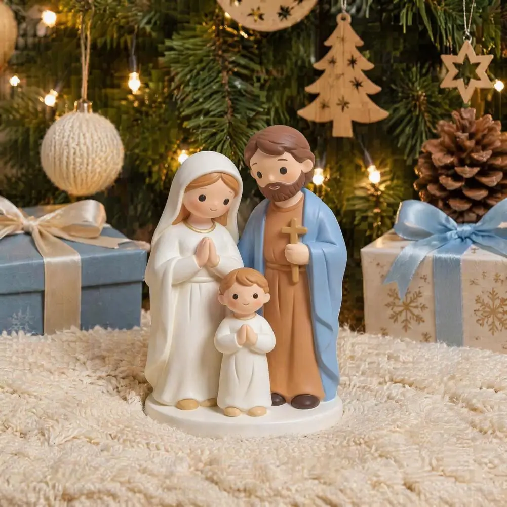 Home Decor Christmas Nativity Scene Figurine Set Cartoon Manger Baby Jesus Resin Craft Indoor Holiday Tabletop Decor Gift Gentle