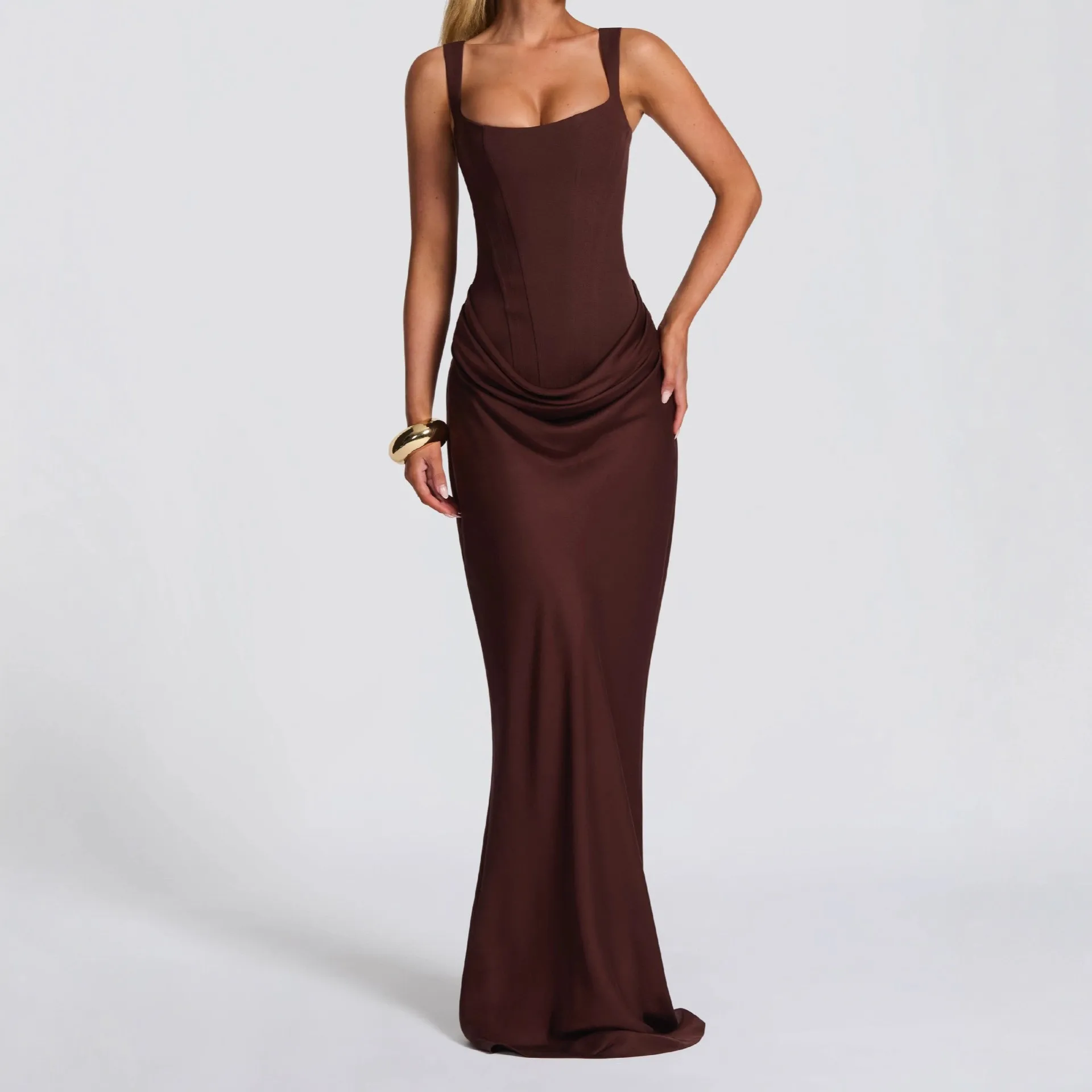 Women's Elegant Bodycon Square Neck Sleeveless Long Cross Back Ruched Solid Color Dress for Wedding Guest Prom Party Wedding