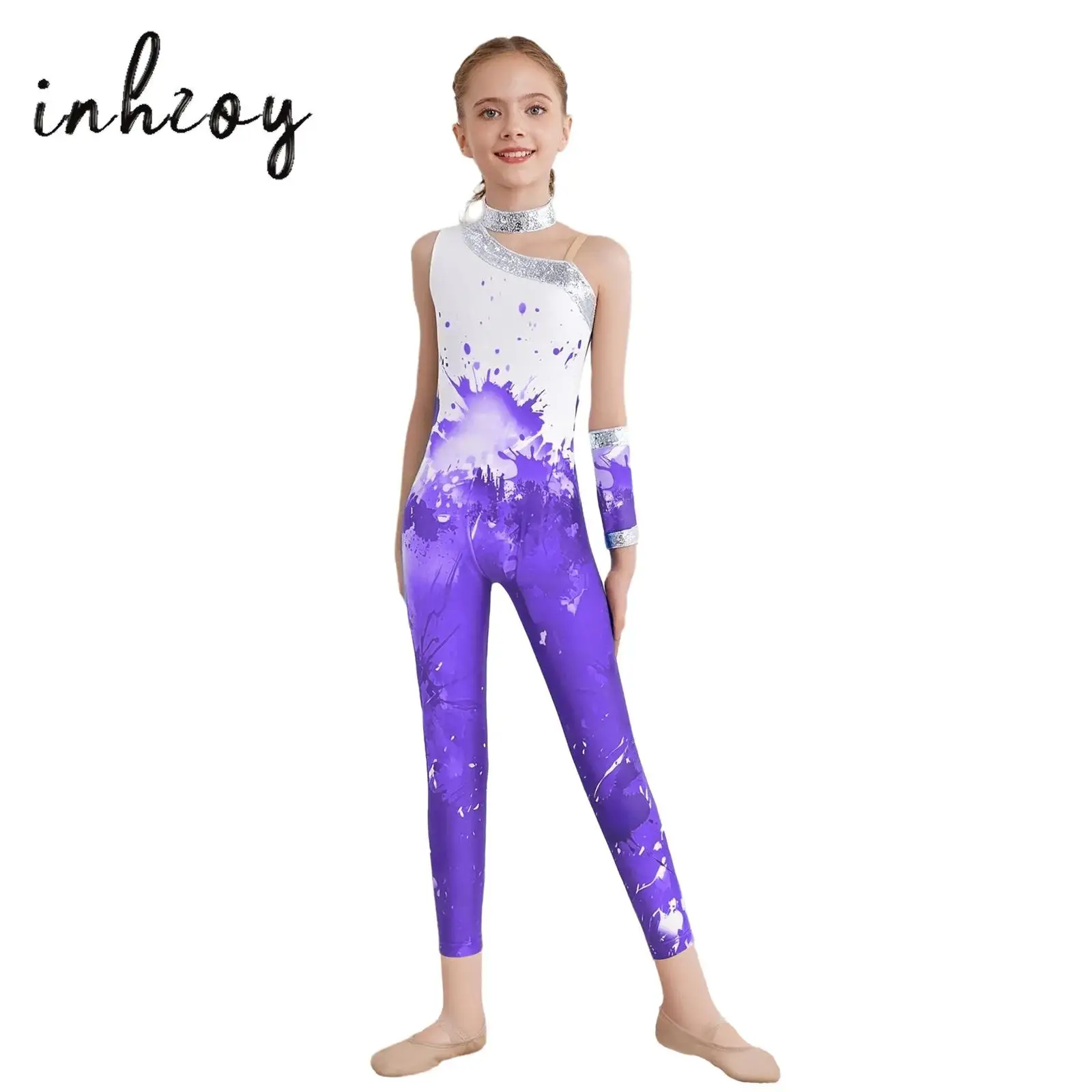 

Kids Girls Gymnastics Jumpsuit Sleeveless Asymmetrical Sequins Printed Bodysuit Full Length Leotard and Glove for Figure Skating