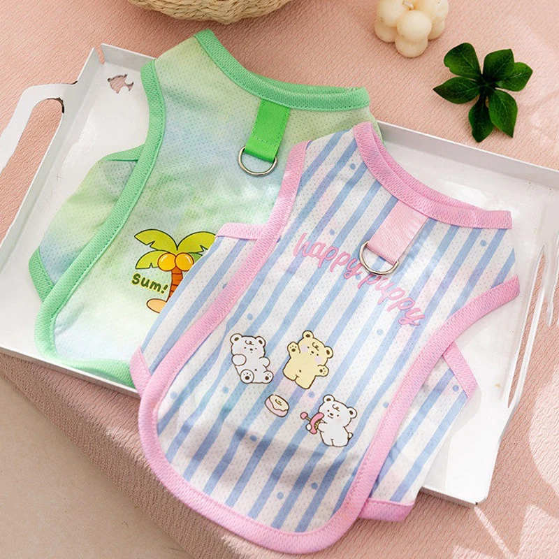 Sommer-Mesh-Hundekleidung Dünnes Atmungsaktives Hunde-Tanktop Insel-Urlaubsstil Haustier Kurzarm-Cartoon-Teddy-T-Shirt