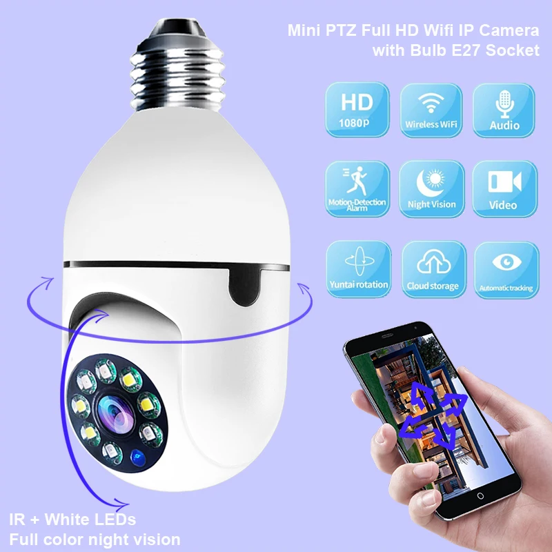 Full Color Night Vision 1080P  Camera cloud Two Way Talk Auto Tracking Security Cam PTZ WiFi Light bulb Camera