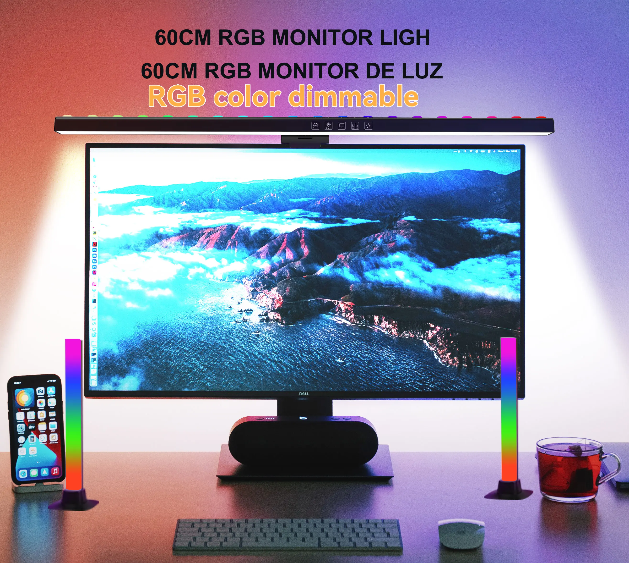 60CM RGB  Desk Light Bar Monitor Music Rhythm Ambient Lamps Screen Hanging Lighting for Gaming Work Dimming Monitor Lights Bar