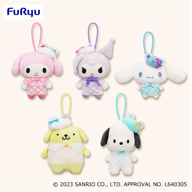 Originele Furyu Sanrio Pluche Beer Bowler Pop Hoed Melodie Kuromi Cinnamoroll Pompom Purin Pochacco Tas Hanger Anime Sleutelhanger Speelgoed