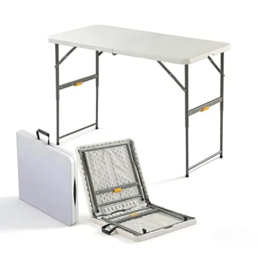 

4FT Heavy Duty Folding Table for indoor outdoor use, durable plastic material, black color, fold-in-half portability with carry