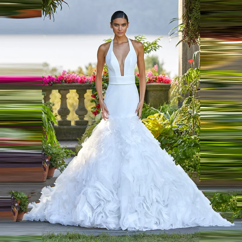 Vestido de novia largo de satén con espalda descubierta para mujer, vestido de novia plisado con volantes y cuello Halter, elegante para mujer