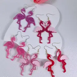 Cross-Border Fun & Cute Flamingo Earrings With Glittery Pink Acrylic Hanging Earrings