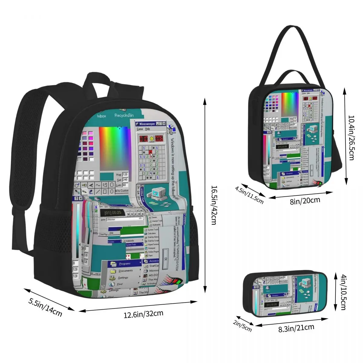 Windows 95 Mochilas Collage para Estudantes, mochilas escolares para meninos e meninas, mochila dos desenhos animados, lancheira, saco de caneta, conjunto de 3 peças