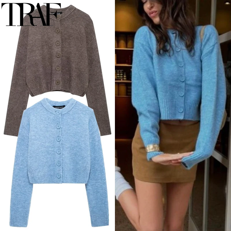 TRAF Women's Sweater Knitwears Blue Cropped Sweaters Knitted Cardigan Women Autumn Long Sleeve Brown Cardigans Button Jacket