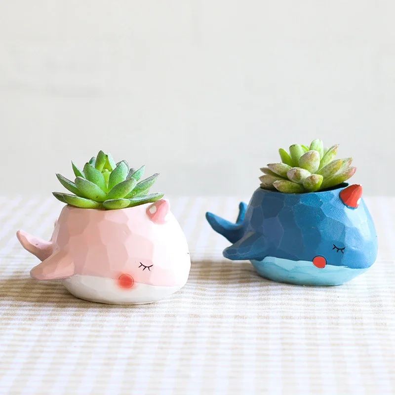 2pcs Blue & Pink Whales Planters for Succulents Cactus Air Plants Animals Flower Pots Fairy Garden Figurines Tabletop Home Decor