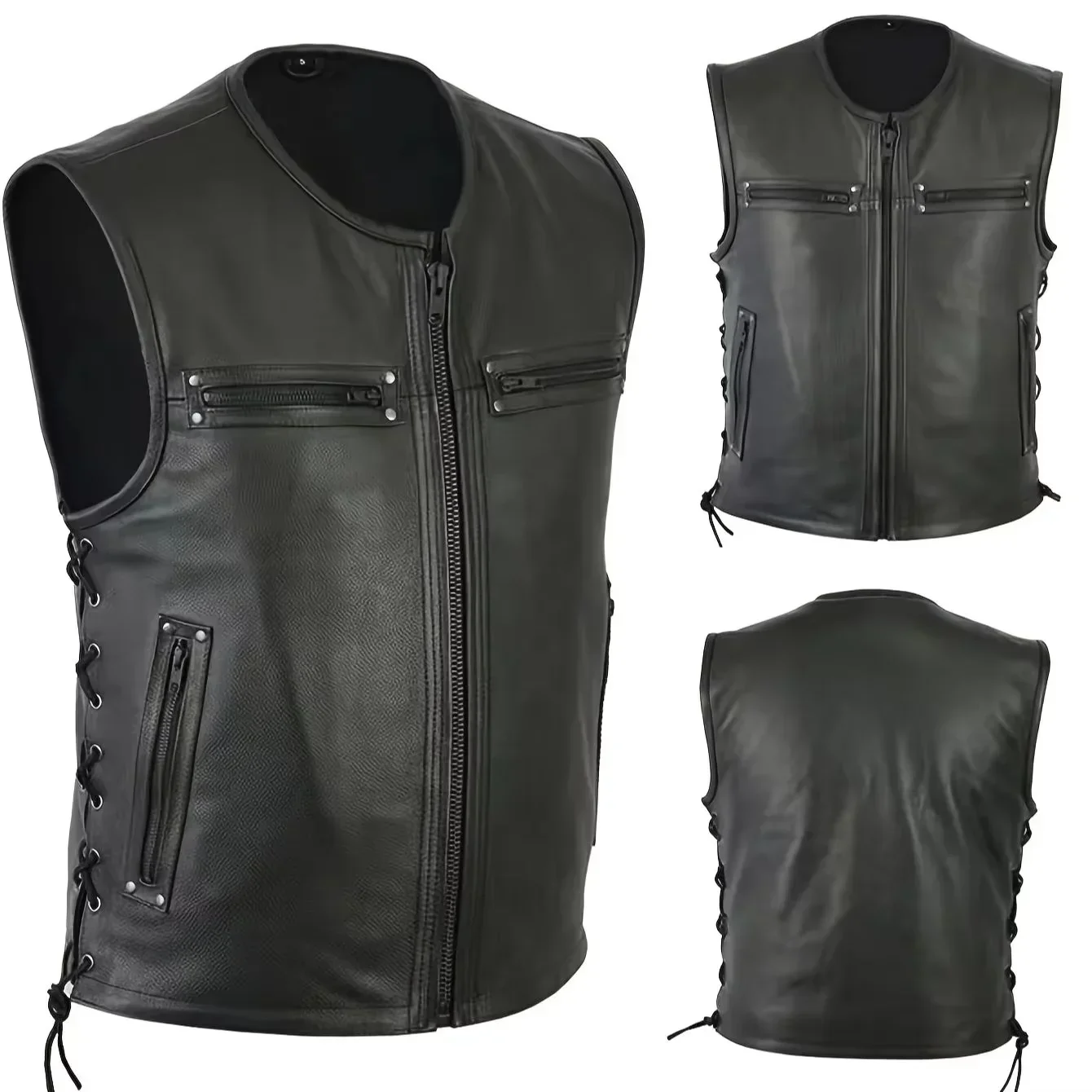 Herren-Motorradweste aus Kunstleder, ärmellose Weste mit Reißverschluss und seitlichen Schnürbändern, ideal für den täglichen Gebrauch im Biker- oder Punk-Stil. – Detail 2