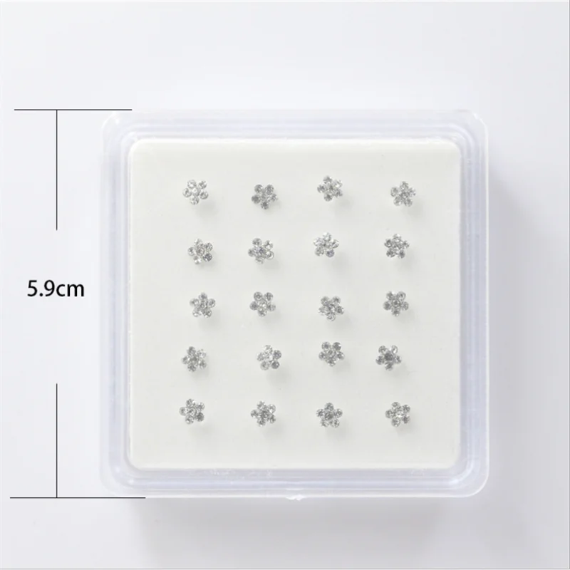 20Pcs/Box Body Nose Piercing Jewelry Nose Rings Silver Needle for Women Colored Crystal Flower Nose Jewelry Wholesale