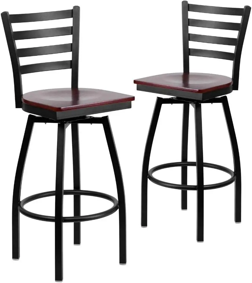 

2 Pack HERCULES Series Black Ladder Back Swivel Metal Barstool - Mahogany Wood Seat