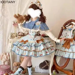 Japanese Victorian Lolita Dress Women Sweet Ruffles Peter Pan Collar Cloak Bow Strap Dresses Gothic Princess Dresses Set