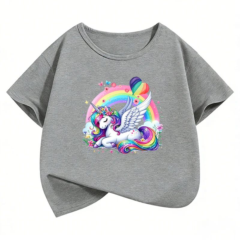 Fashion Rainbow Unicorn Horse Design T-Shirt Printed T Shirt Girls' Summer Short Sleeve Tops T-Shirts Cute Kids Clothing