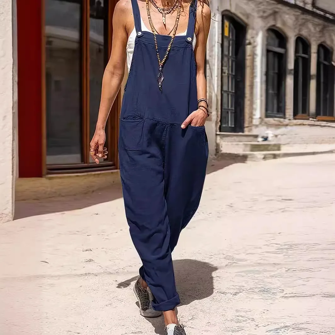 Women's Jumpsuits Cotton Solid Color Sleeveless High Waist Button Loose Jumpsuits Breathable Comfort Fashion Summer 2024