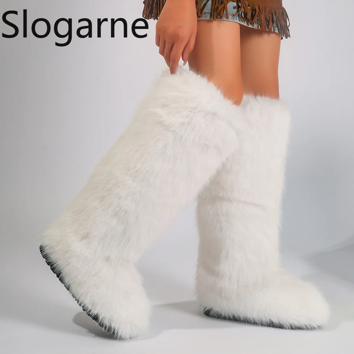 Women New Faux Fox Fur Long Boots Knee High Light Colour Fur Snow Boots Ladies Platform Push Shoes Drop Shipping Winter Shoes