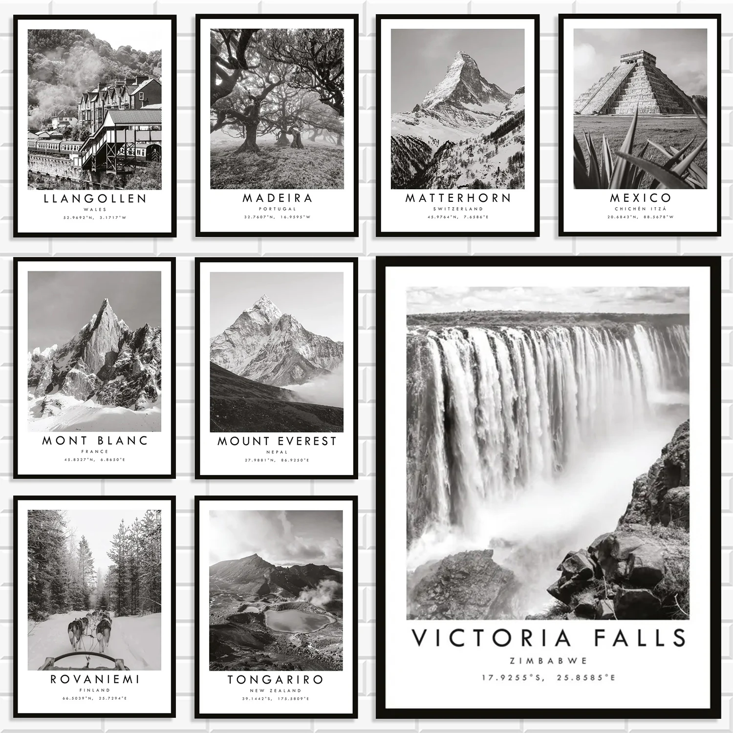 Vintage Black and White World Landmark Canvas Prints Travel Coordinates Poster Mountain Nature Wall Art For Home Room Decor