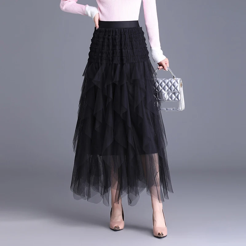 OHRYIYIE Irregular Floor-Length Tulle Skirt Women Elastic High Waist Ruffles Cake Skirt Lady Long Tutu Skirt Party Clothes Femme