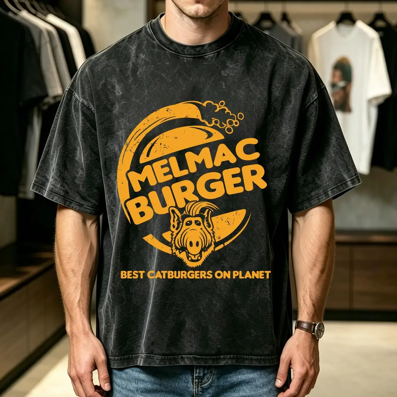 washed T Shirt Melmac Burger Olive Orange Alf Gordon Shumway Fun Cult 80s long or short sleeves vintage Washed Breathable Soft