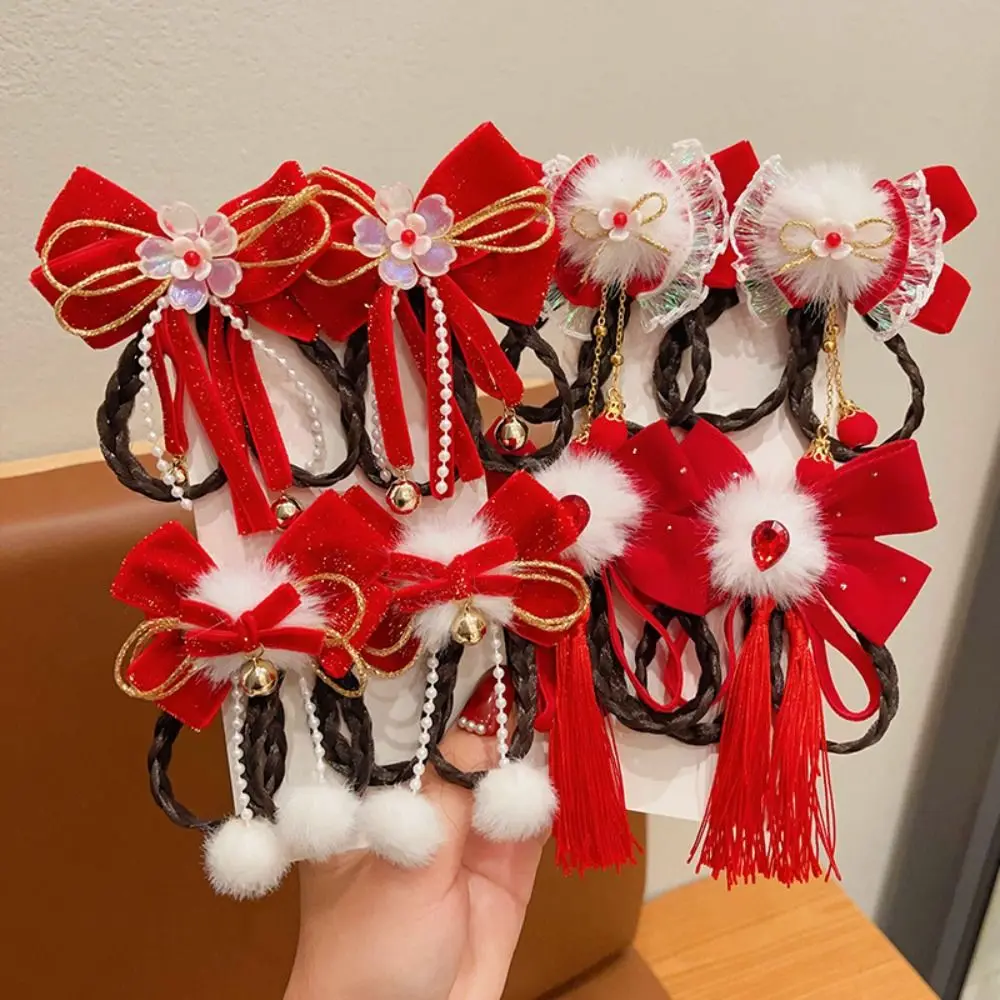 Ancient Style Children's New Year Hairpin Princess Wig Braid New Year Bow Hairpins Ribbon Tassels Plush Ball