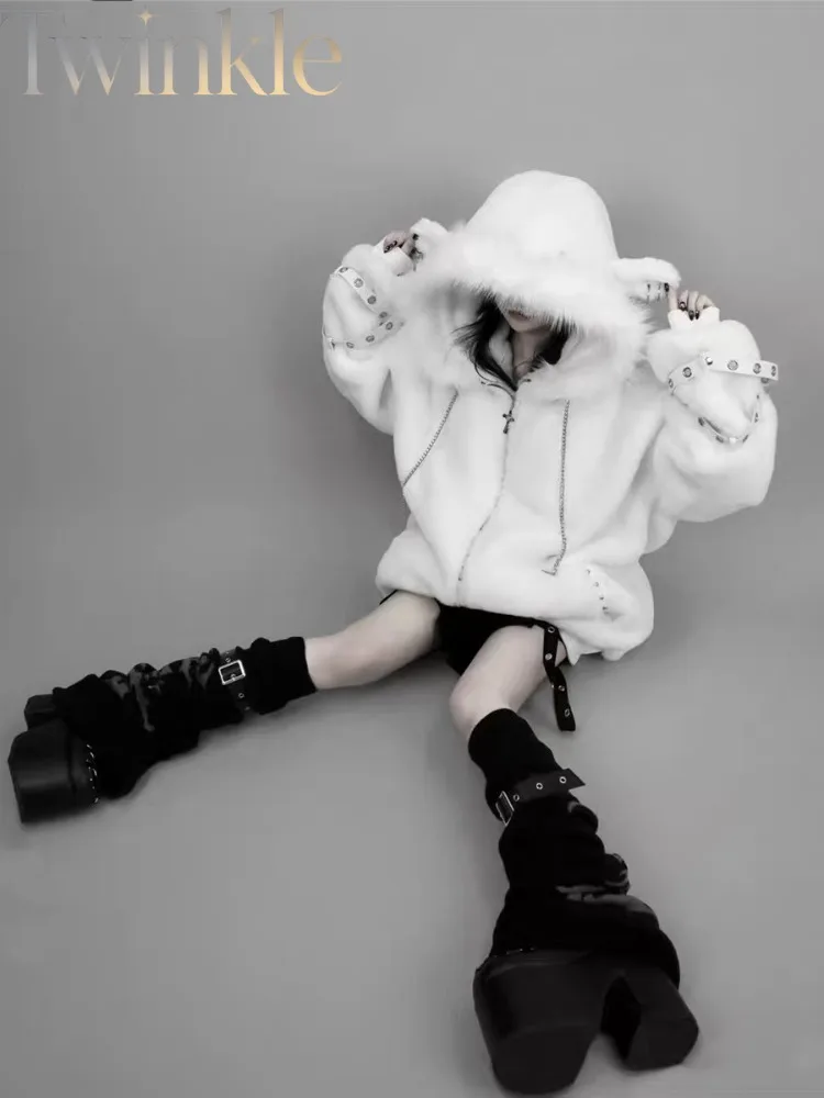 Harajuku Coat Women Y2K Punk Lace Fleece Plush Sheep Ear Fuzzy Cute Kawaii Subculture Autumn Winter Jacket Outerwear