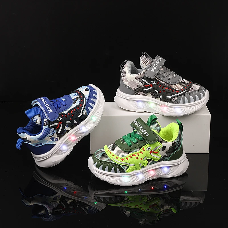 

Cute 3D Dinosaur Kids LED Sneakers Boys Fashion Sport Shoes Light Up Non-Slip Walking Shoes Size 21-30