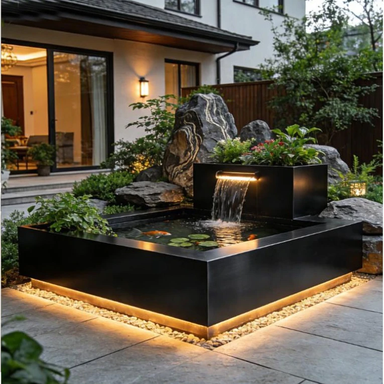 Elegant Stainless Steel Balcony Fish Pond Self-Cleaning Water Cycle System Modern Landscape Decoration for Rooftop Terrace Patio