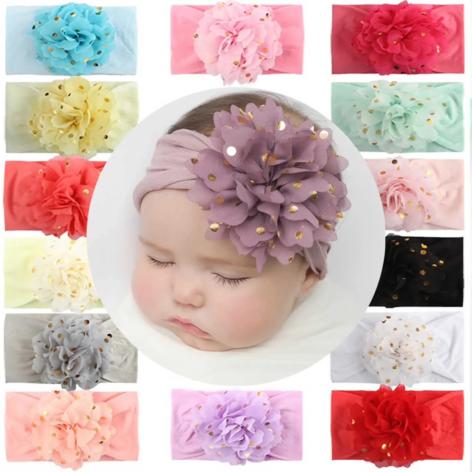 Baby Wide Hairband Gold Dot Fabric Flowers Bandanas Soft Nylon Baby Stretch Headband Cute Children\'S Hair Accessories