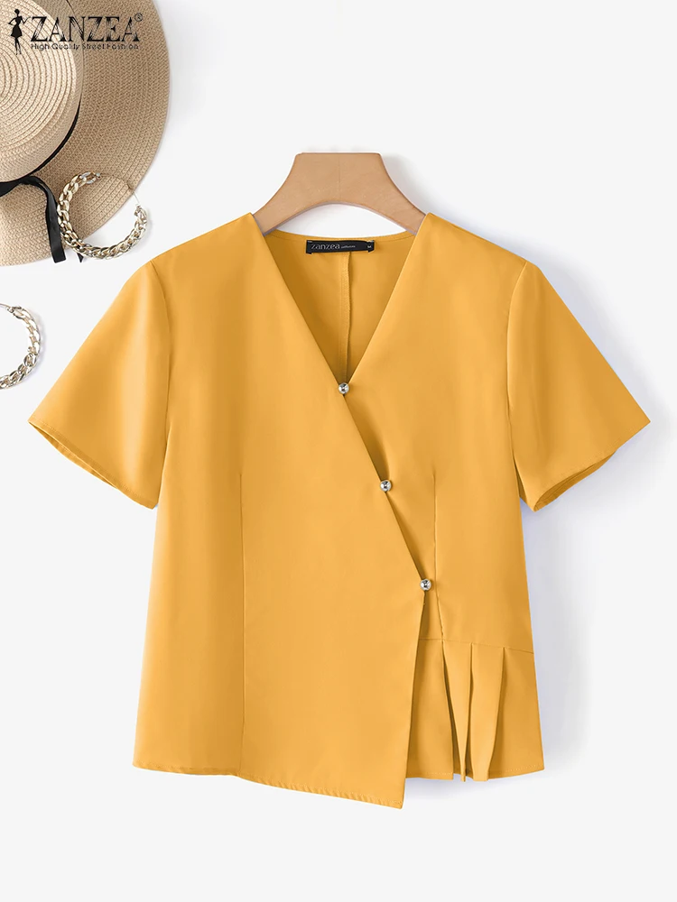 

ZANZEA 2025 Korean Women Shirts Short Sleeve Summer Tops Fashion V-Neck Solid Blusas Femininas Casual Buttons Pleated Office Top