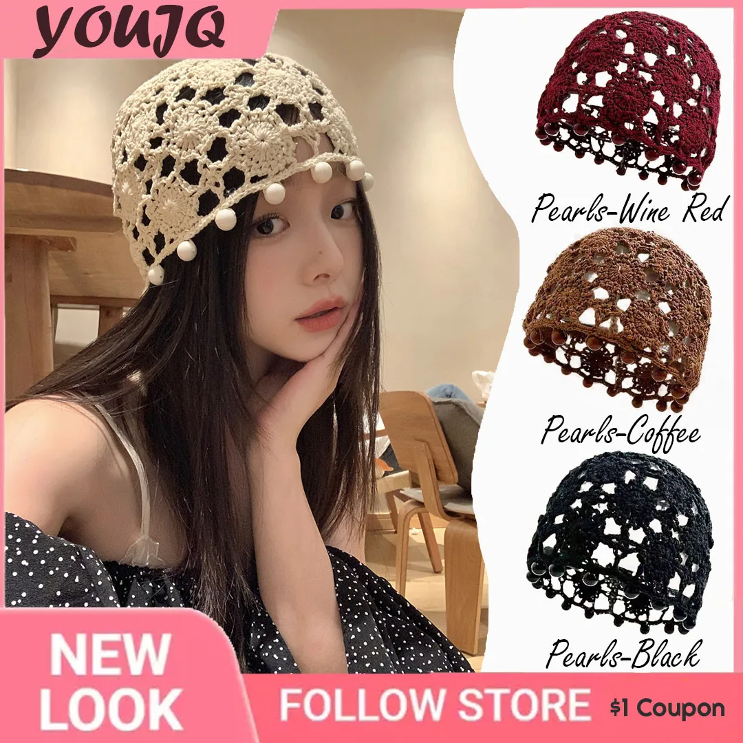 Japanese Old Fashion Hollow Fringed Pearl Flower Knitted Pullover Hat Women Spring Autumn Ethnic Style Breathable Beanie Caps