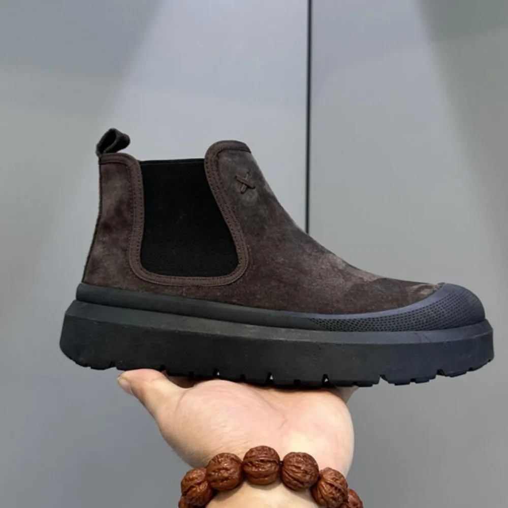 اليدوية جلد طبيعي الرجال الأحذية جولة تو الرجعية سميكة سوليد حذاء من الجلد منصة مسطحة تشيلسي الأحذية 2025 #2