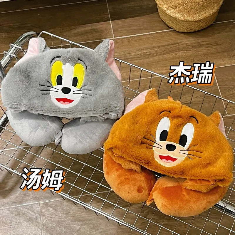 Tom and Jerry U-shaped Neck Pillow Hooded Lovely Anime Cat Mouse Blackout U-shaped Pillow With Hat Travel Office Nap Pillow