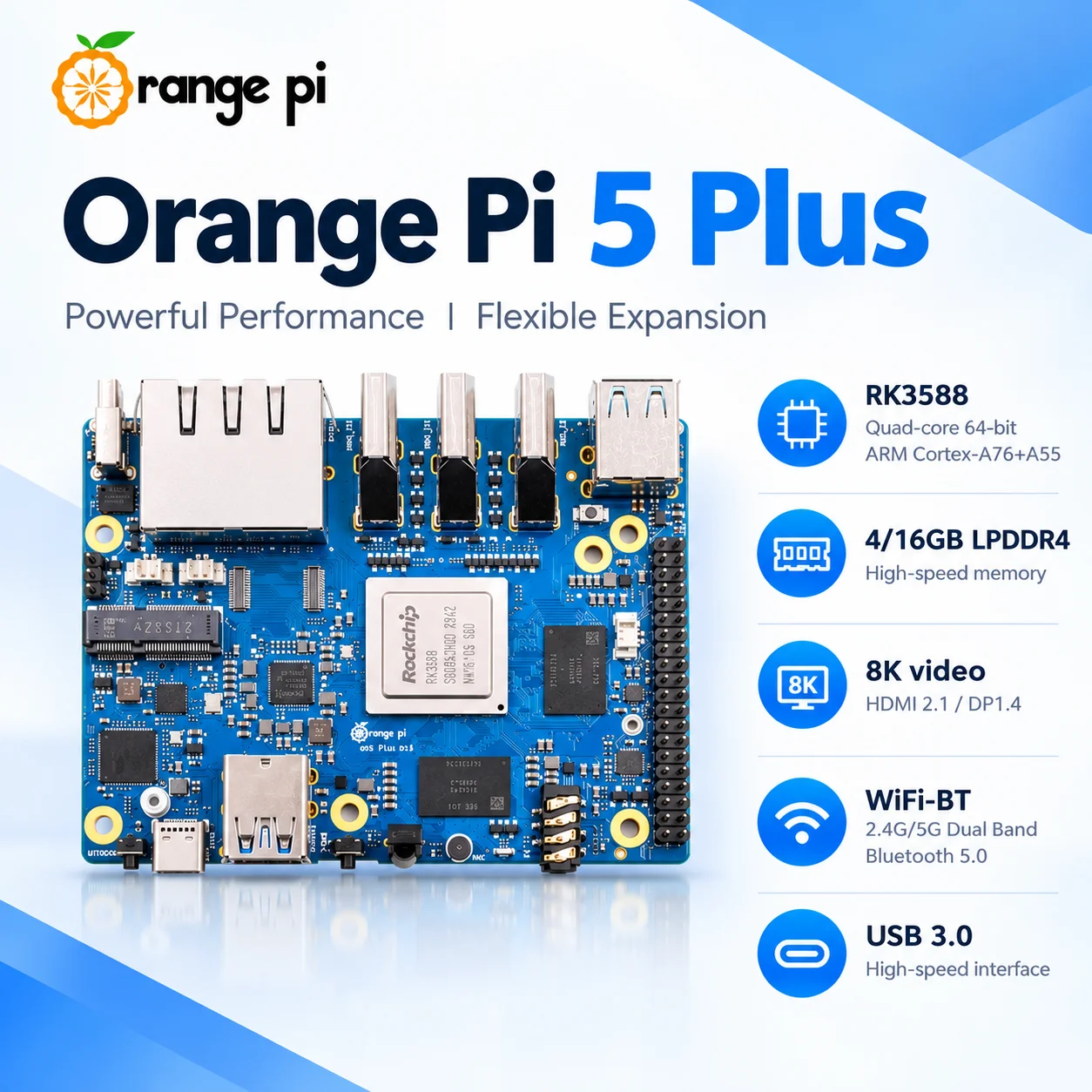 Orange Pi 5 Plus RK3588 Single Board Computer PCIe SSD External WiFi Bluetooth 8K Development Board