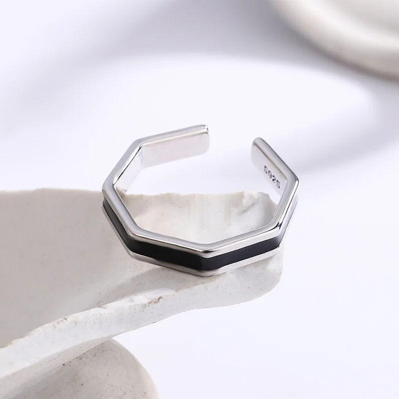 Women's 925 Sterling Silver Black & White Adjustable Ring