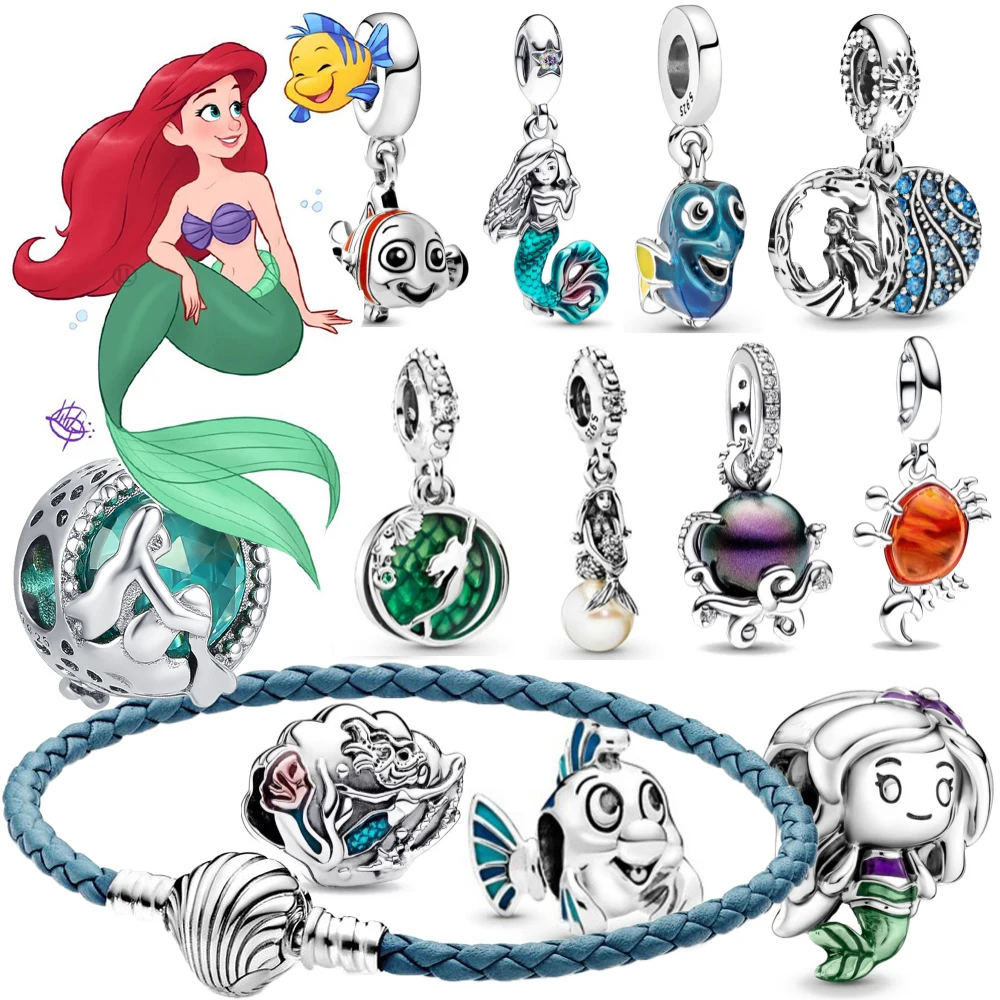 Disney Mermaid 925 Sterling Silver Clown Fish Shell Crab Octopus Bead Fit Original Pandora Bracelets DIY Lady Girl Jewelry Gifts