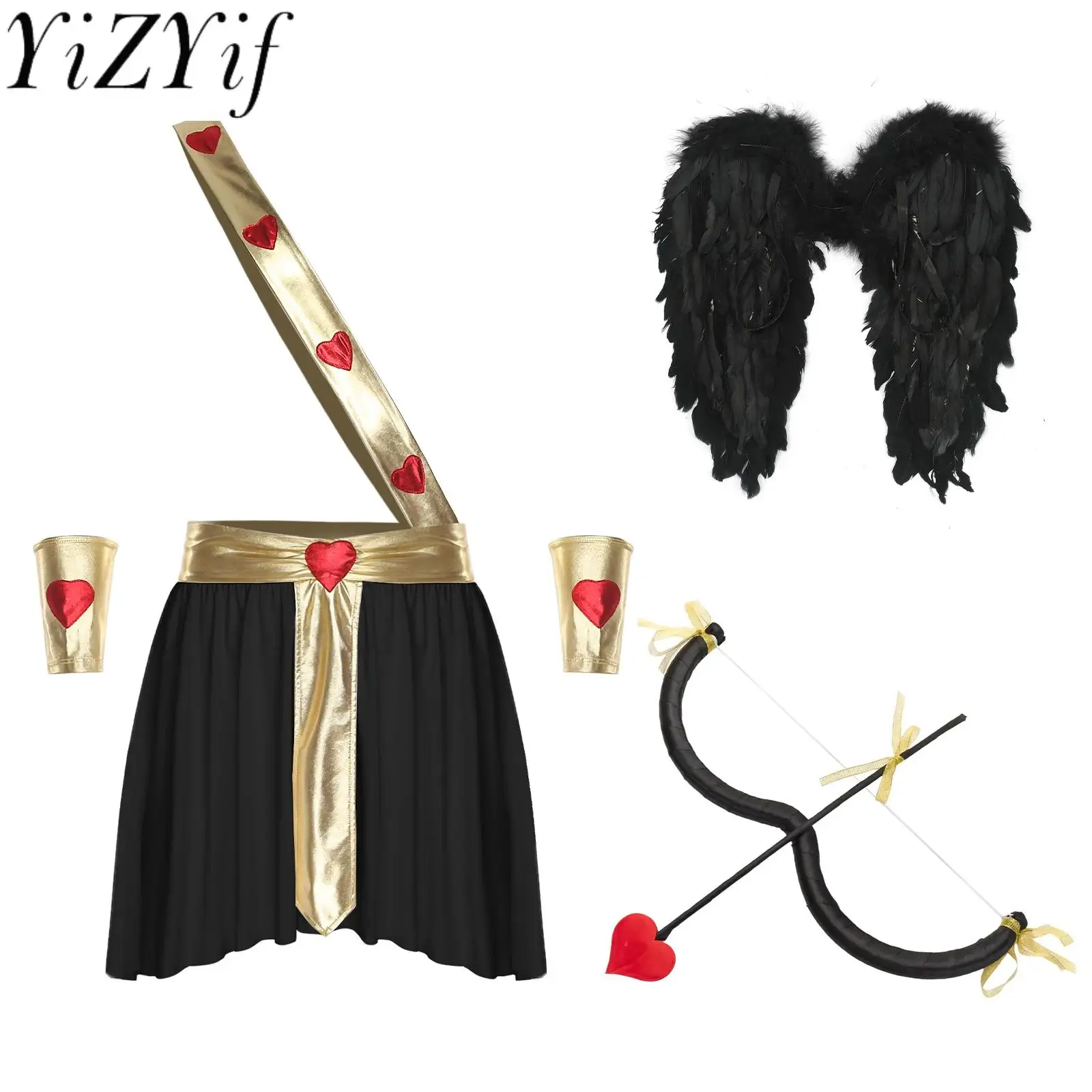 

Halloween Men's God of Love Cupid Prince Cosplay Costume Heart Pattern Skirt Sleeves And Wings Cupid Bow with Arrow Cosplay Sets