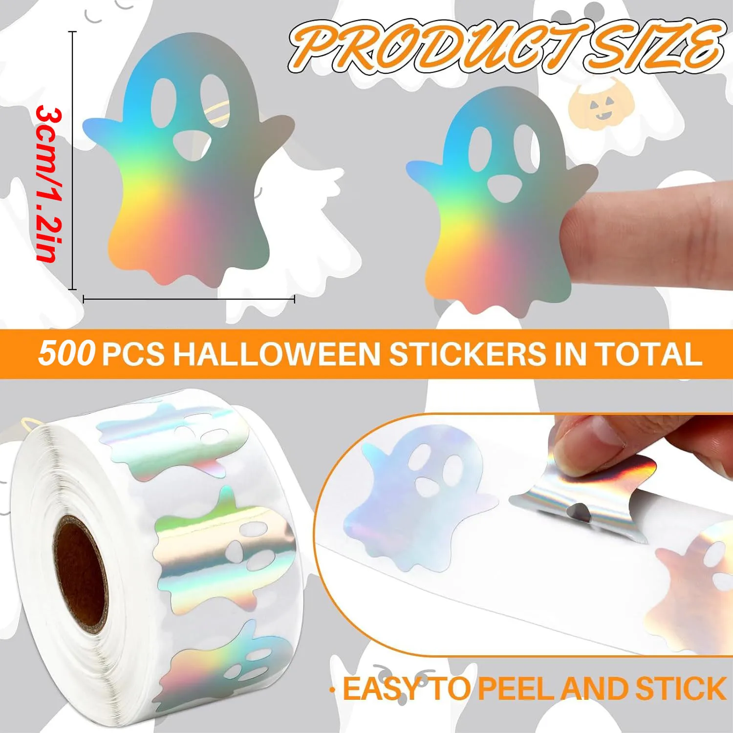 500pcs Halloween Ghost Stickers Roll Ghost Laser Stickers Decorative Self-Adhesive Paper Decals for Halloween Party Favors image 2