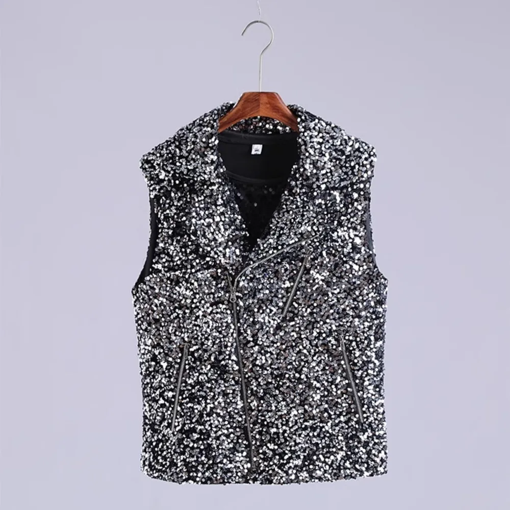 

High Quality Men's Sequins Vest Silver/Black Zipper Design Stage Vest Bar Singer Concert Stage Performance Coat Shiny Costume