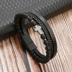 Classic Fashion Cross Leather Bracelet For Men Alloy Buckle Multilayer Tiger Eye Bead Leather Bracelet High Quality Jewelry Gift