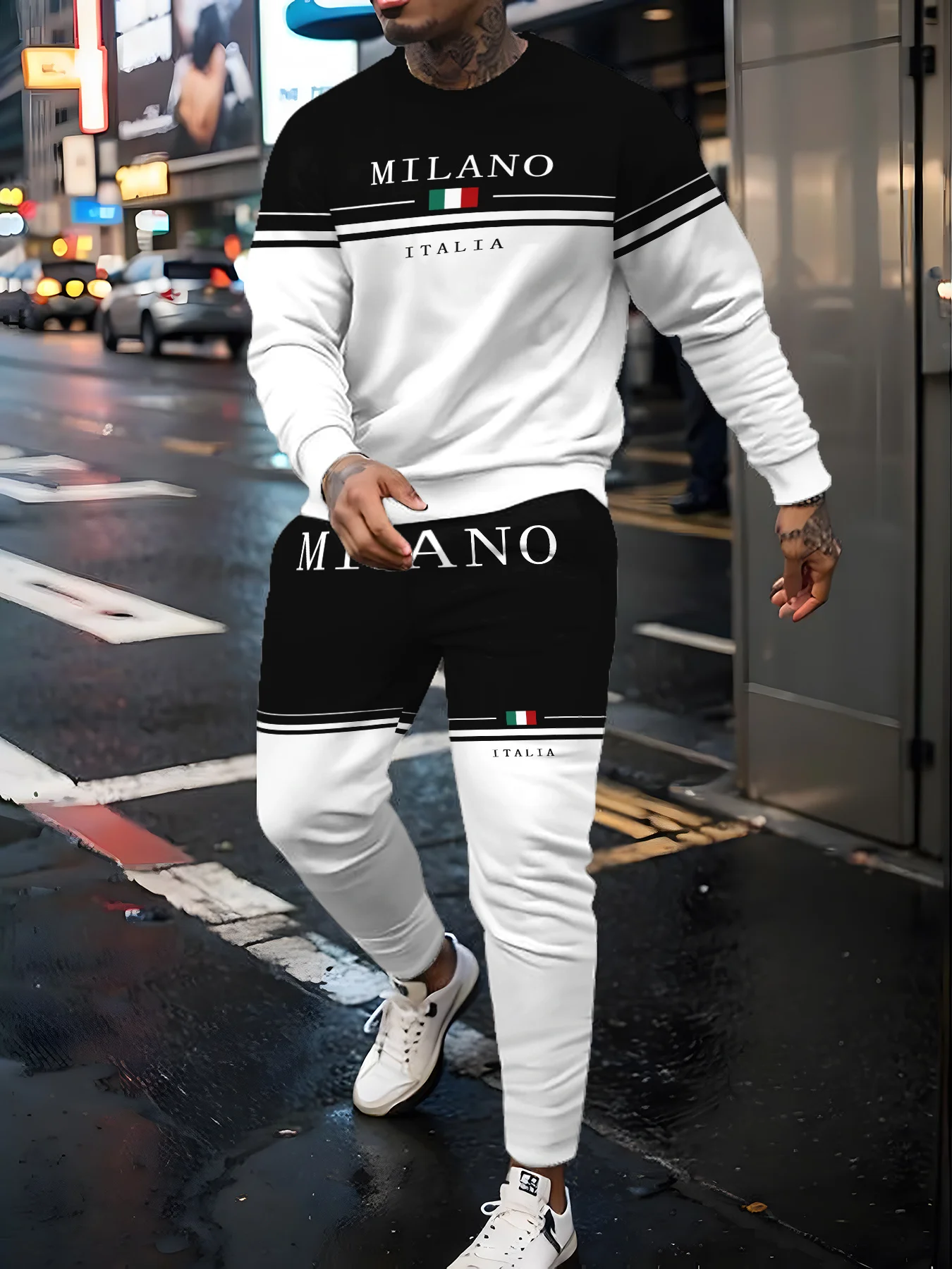 

Men MILANO ITALIA Print Style Hoodie Y2K Oversized Sports Pants Clothes Sport Suit two-piece Set Sweatshirt+Trousers Sportswear