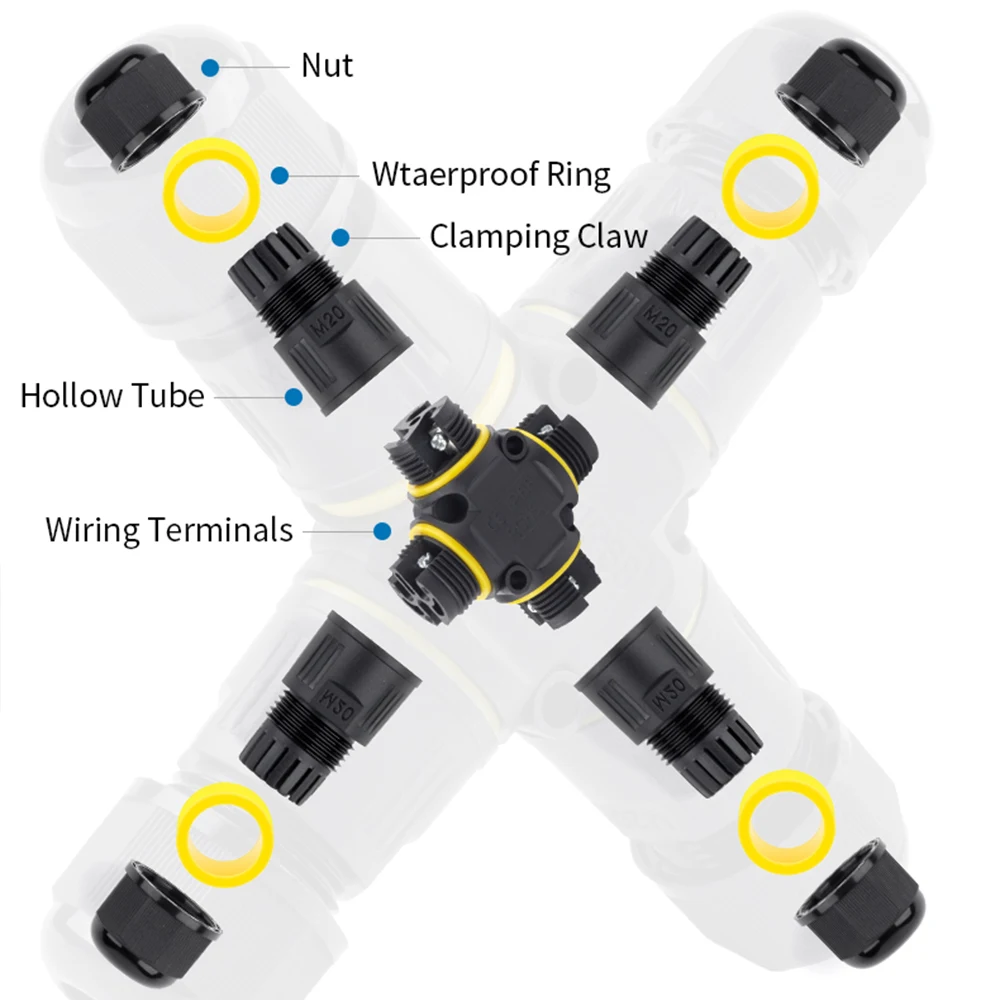 IP68 M20 Cross-type Outdoor Waterproof Wir Connector Electrical Cable 4 Way Screw Locking Terminal 2/3Pin Rainproof Junction Box