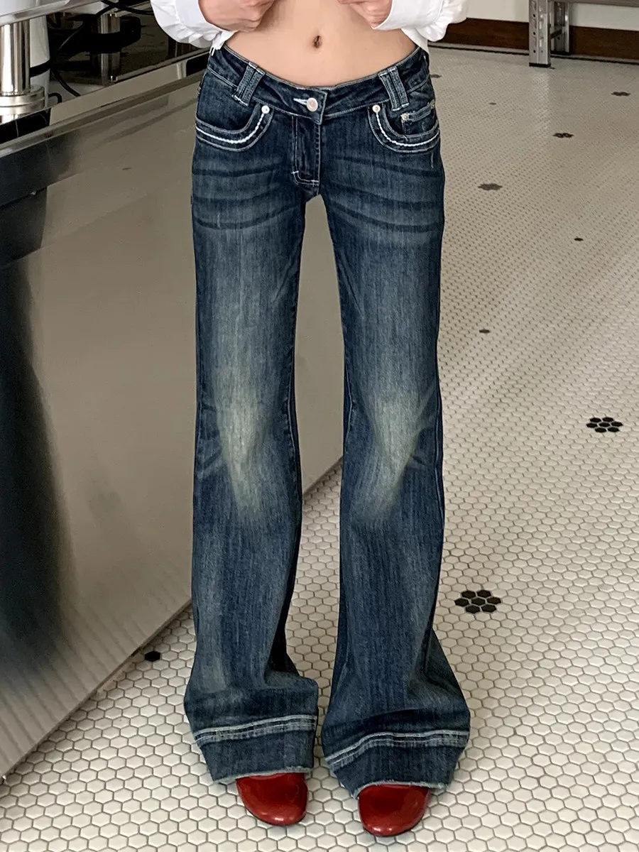 Women Vintage Blue Low Rise Flared Jeans Denim Pants American Retro Slim 90s Bell Bottom Y2k Harajuku Kpop Trousers