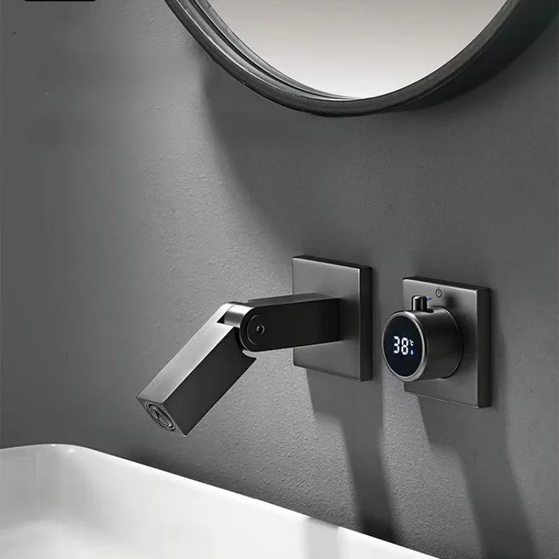 Brass Gunmetal Grey Foldable Basin Faucet with Built-in Temperature Display