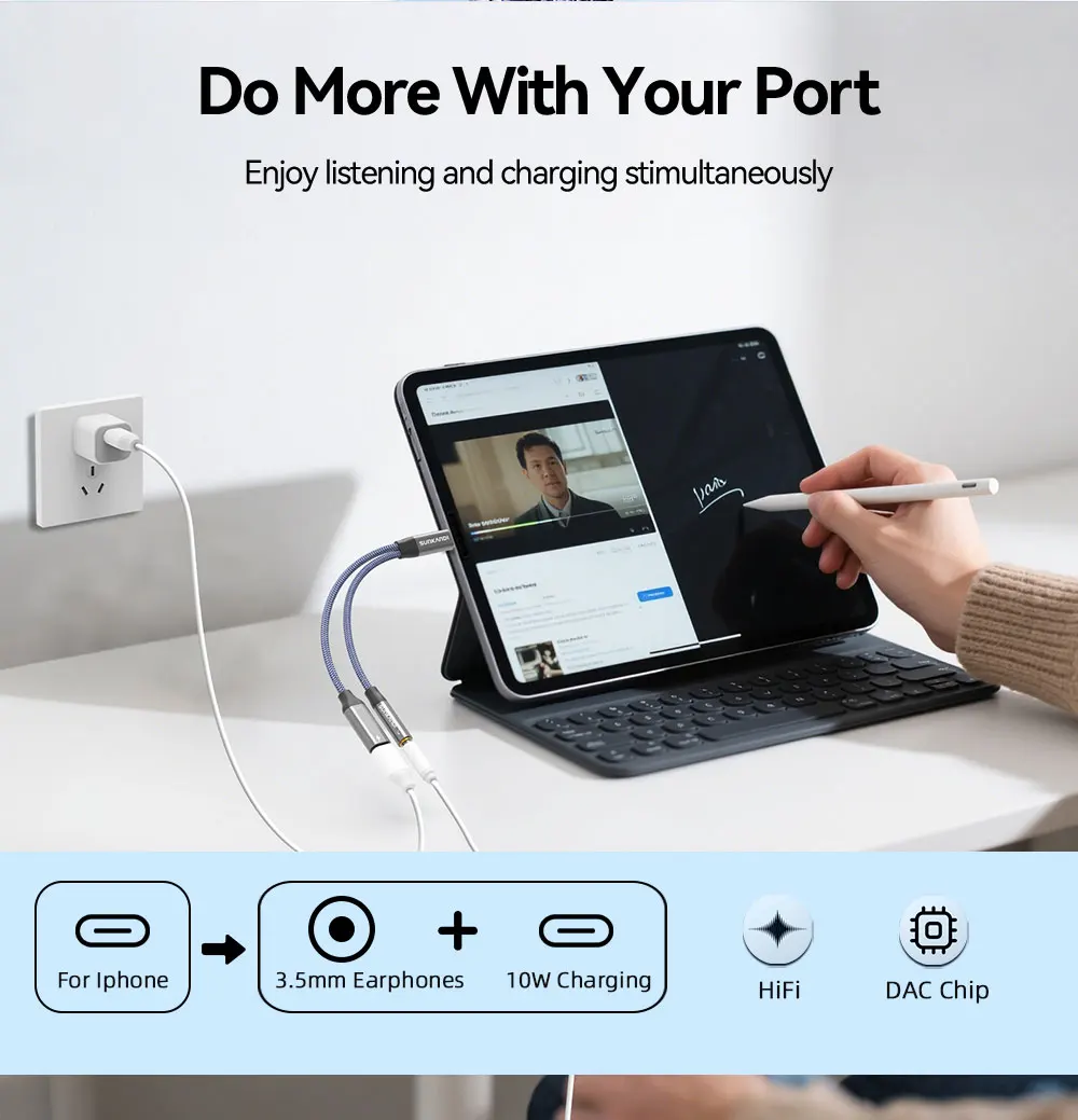 SUNKANDI 2 in 1 Dongle Adapter, Lightning to 3.5mm Headphone and Lightning to Dual Lightning Audio and Charging Ports Splitter