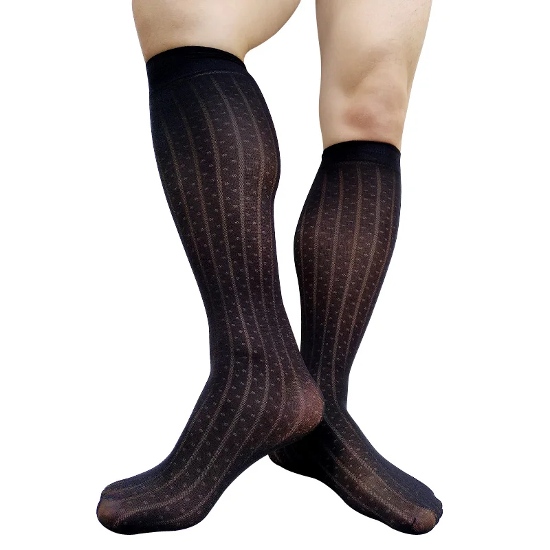 สีดํายาวเข่าสูงถุงเท้าบุรุษอย่างเป็นทางการชุดถุงน่องเซ็กซี่ชุดชั้นใน Dot ลายชายธุรกิจท่อถุงเท้าของขวัญ