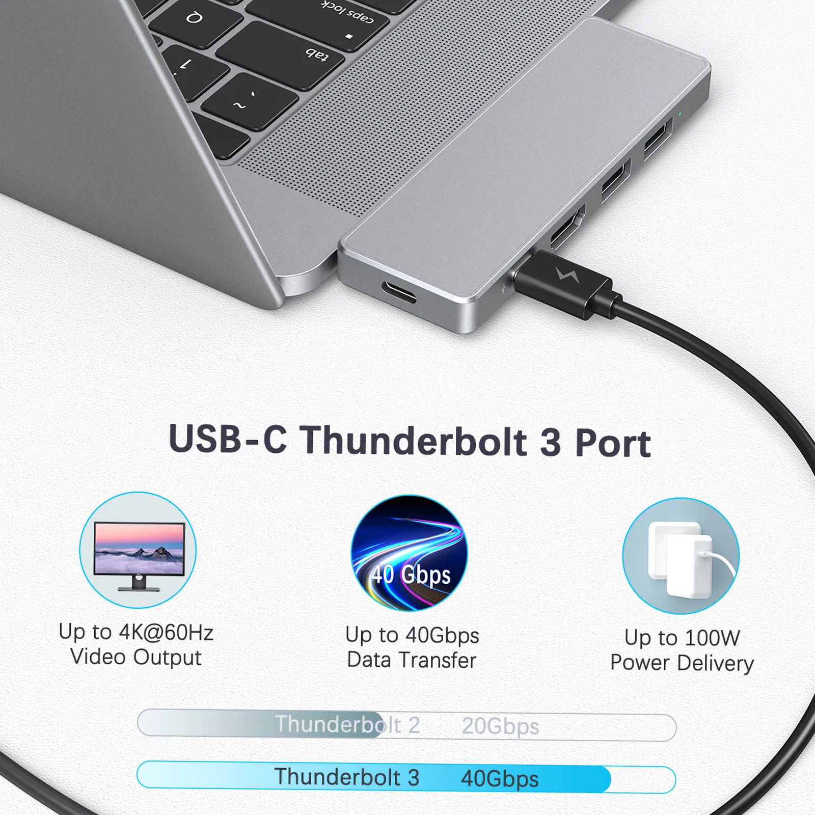 dodocool 7-in-1-USB-C-Hub-Adapter aus Aluminiumlegierung mit 2 Thunderbolt 3-Anschlüssen, USB-Typ-C-PD-Anschluss, USB-C-Datenübertragungsanschluss 4K – Detail 5