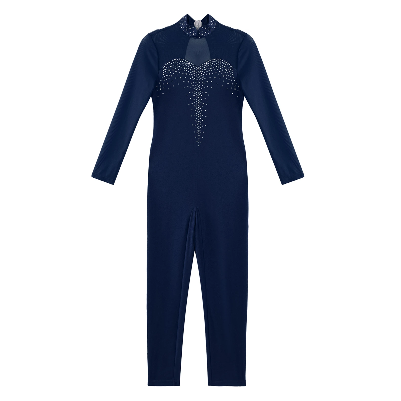 Kids Girls Figure Skating Dance Jumpsuit Sheer Mesh Long Sleeve Bodysuit Ballet Gymnastics Unitard Stage Performance Costume