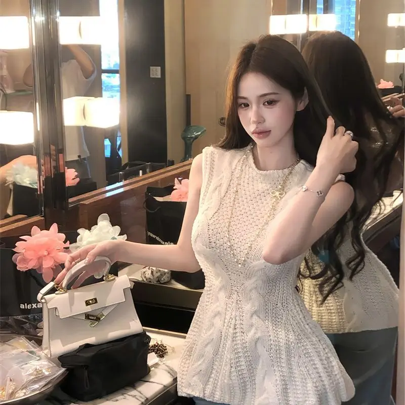 

Свитер во французском стиле, жилет без рукавов, вязаные жилеты из жареного теста, женские вязаные жилеты, весна 202, модный топ с рюшами на толпу